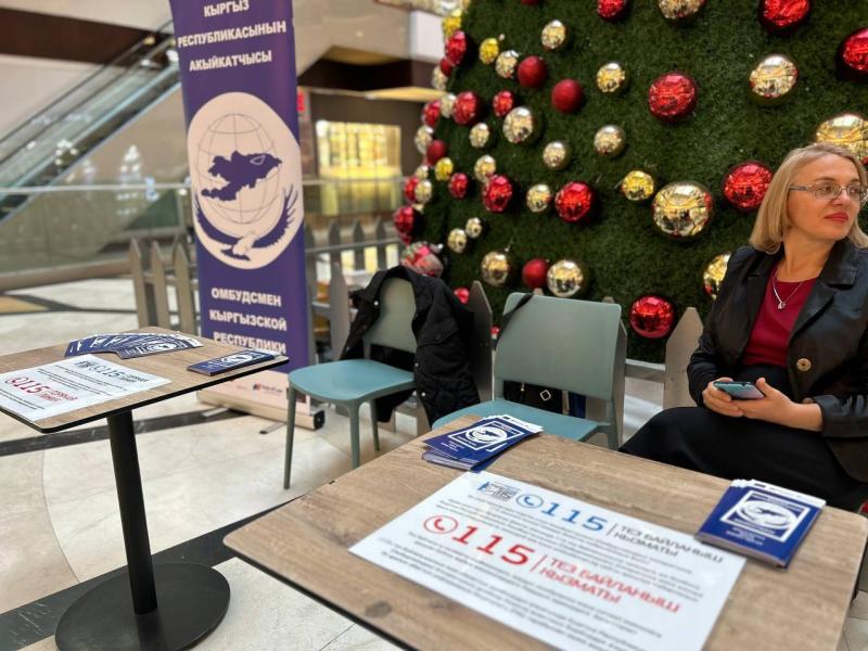 Бишкектеги соода борборлорунда Акыйкатчы институтунун кызматкерлери жарандар үчүн акысыз кеңештерди берип жатышат